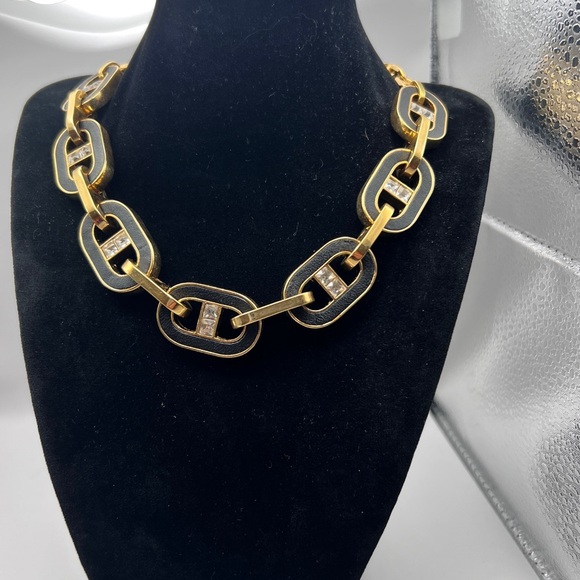 Ann Taylor Signed Inlay black leather with rhinestones Gold Tone Chunky Necklace - Picture 1 of 9